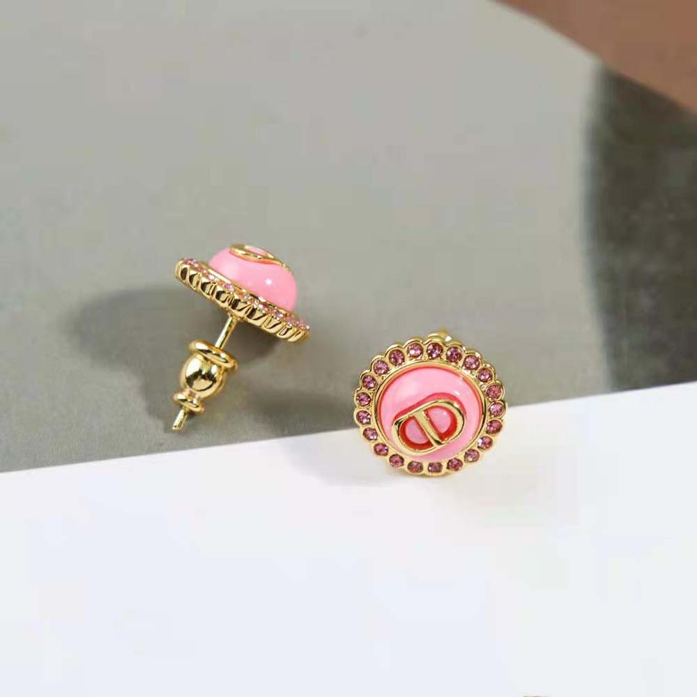 Dior Women Petit CD Stud Earrings Gold-Finish Metal Pink Crystals and Light Pink Glass