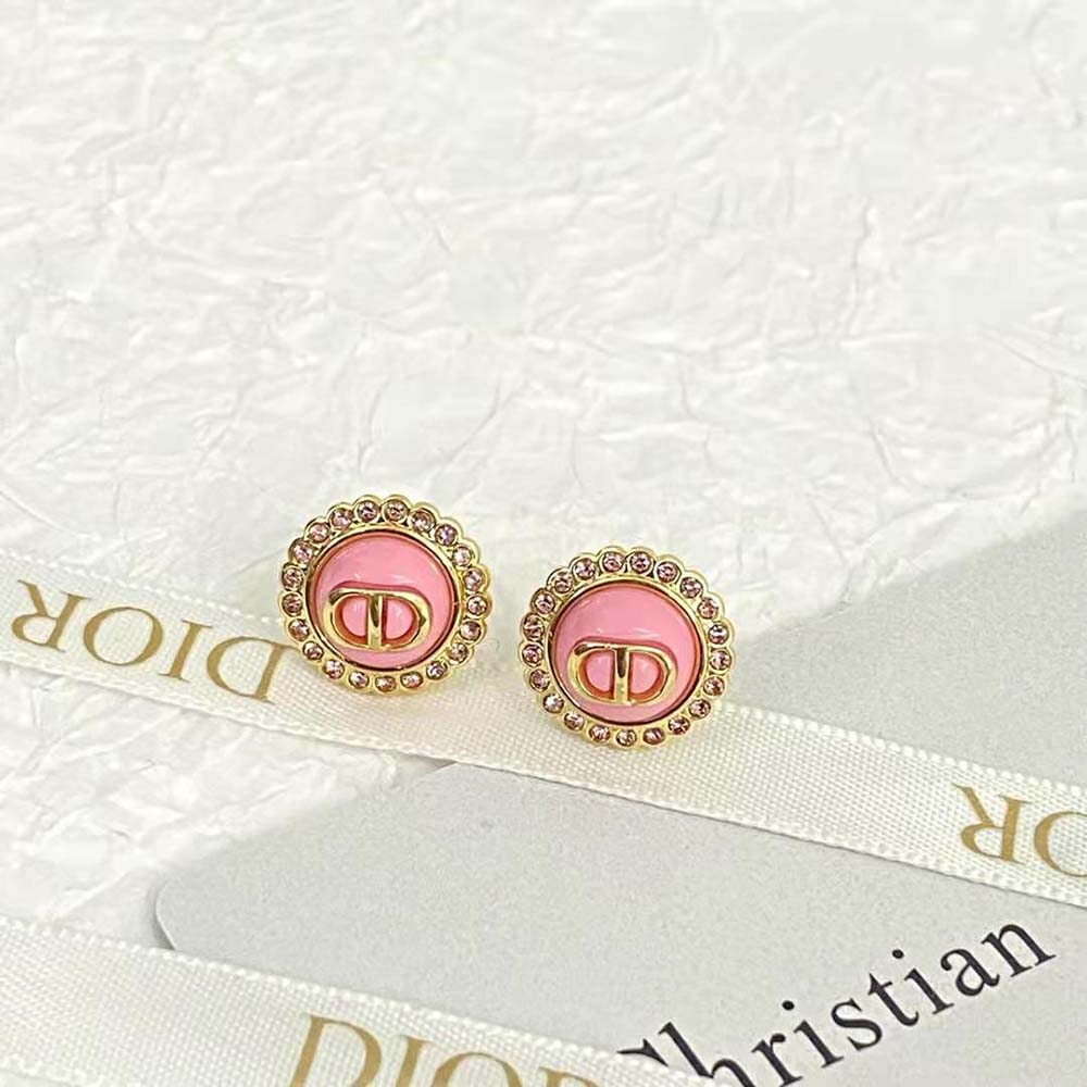 Dior Women Petit CD Stud Earrings Gold-Finish Metal Pink Crystals and Light Pink Glass