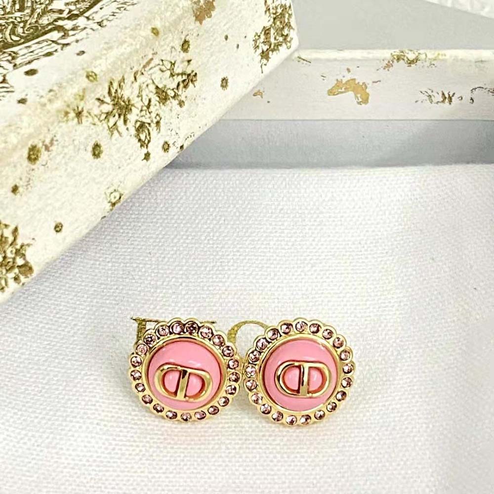 Dior Women Petit CD Stud Earrings Gold-Finish Metal Pink Crystals and Light Pink Glass