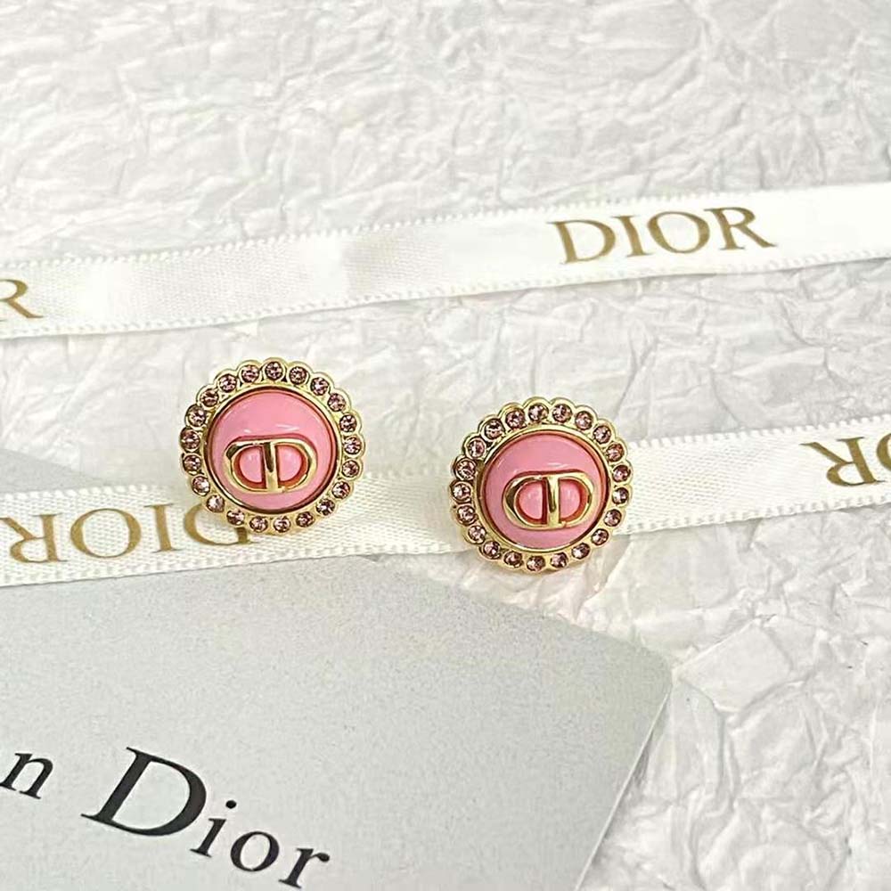Dior Women Petit CD Stud Earrings Gold-Finish Metal Pink Crystals and Light Pink Glass