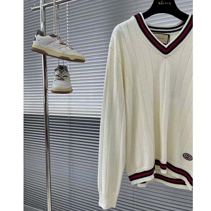 G*u*i gg men cotton knit v-neck sweater web ivory interlocking g patch long sleeves