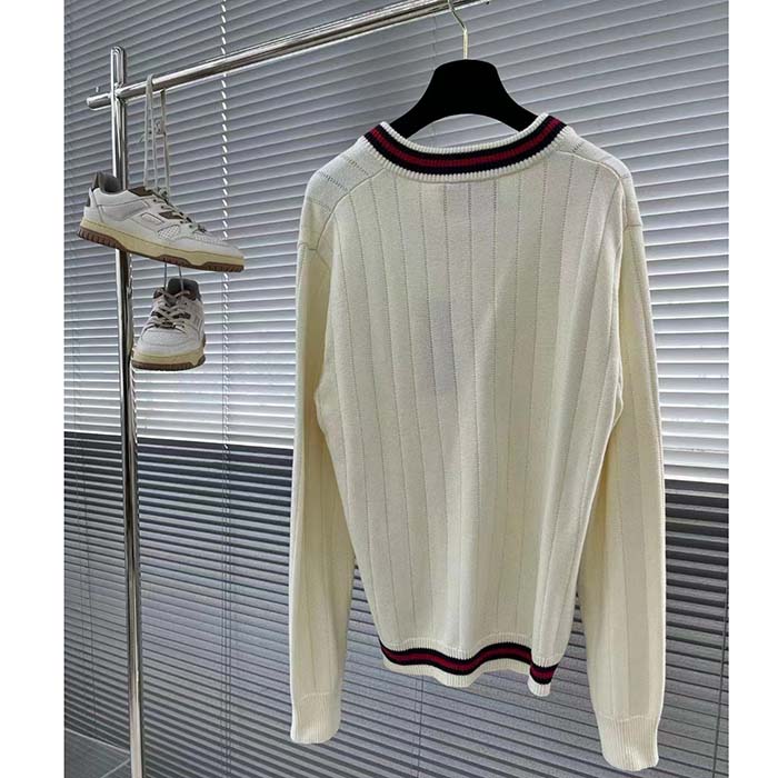 G*u*i gg men cotton knit v-neck sweater web ivory interlocking g patch long sleeves
