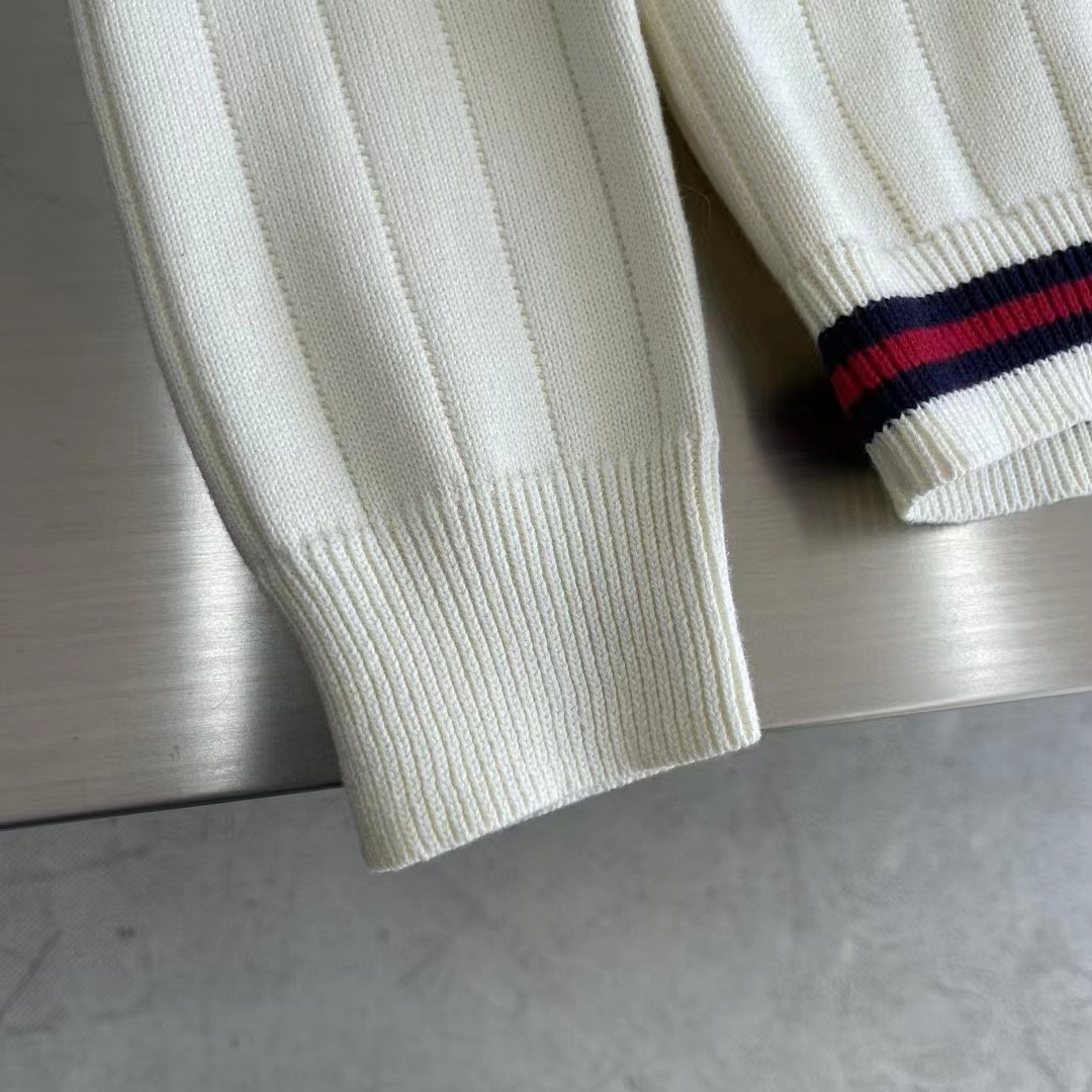 G*u*i gg men cotton knit v-neck sweater web ivory interlocking g patch long sleeves