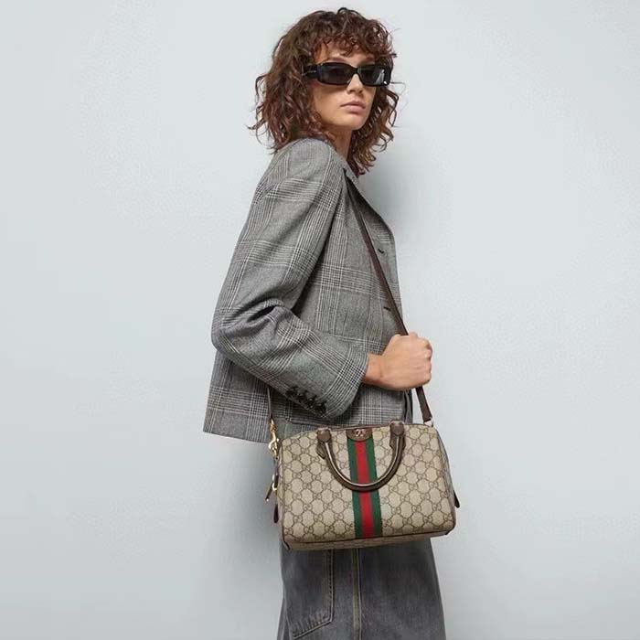 G*u*i gg unisex ophidia gg small top handle bag beige ebony gg supreme canvas brown leather