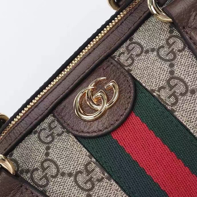 G*u*i gg unisex ophidia gg small top handle bag beige ebony gg supreme canvas brown leather