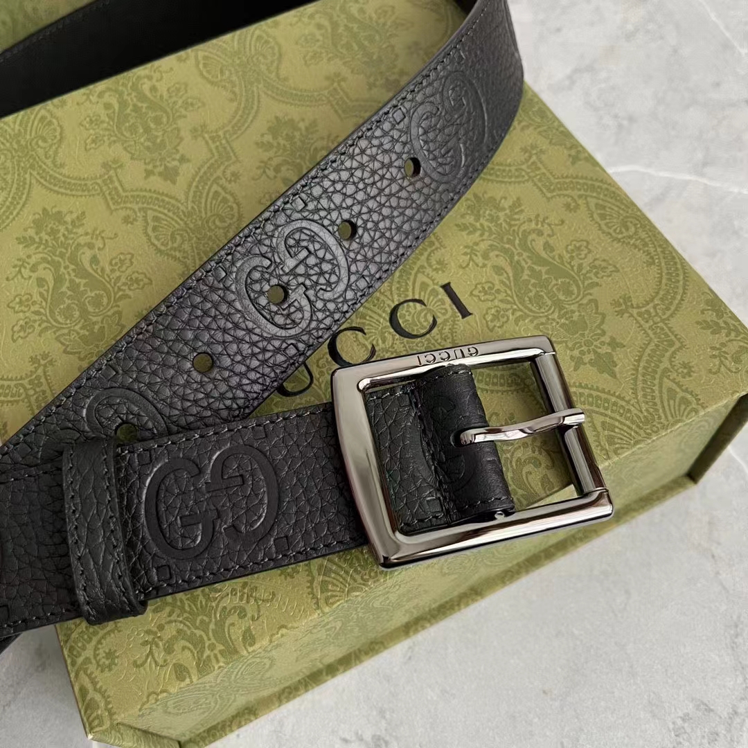 G*u*i gg unisex rubber-effect leather belt black square buckle 3.3 cm width