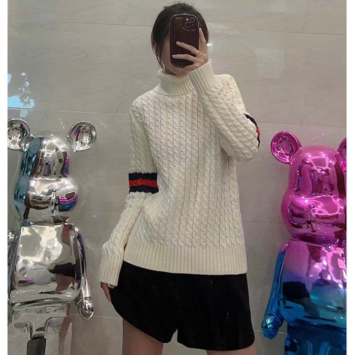 G*u*i gg women cable knit wool cashmere sweater ivory blue red web turtleneck long sleeves