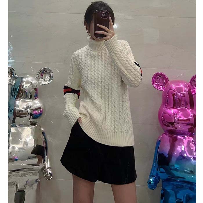 G*u*i gg women cable knit wool cashmere sweater ivory blue red web turtleneck long sleeves