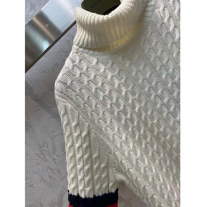 G*u*i gg men cable knit wool cashmere sweater ivory blue red web turtleneck long sleeves