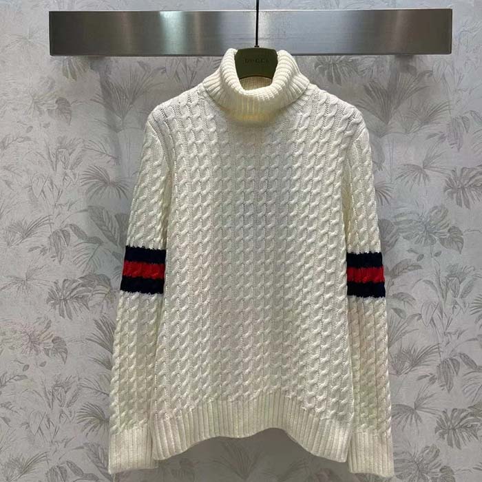 G*u*i gg men cable knit wool cashmere sweater ivory blue red web turtleneck long sleeves