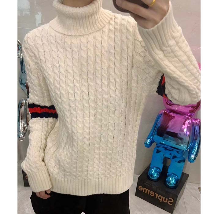 G*u*i gg men cable knit wool cashmere sweater ivory blue red web turtleneck long sleeves