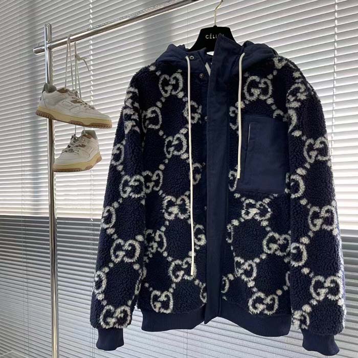 G*u*i men gg fuzzy fabric jacquard jacket fixed hood drawstring long sleeves front patch pocket