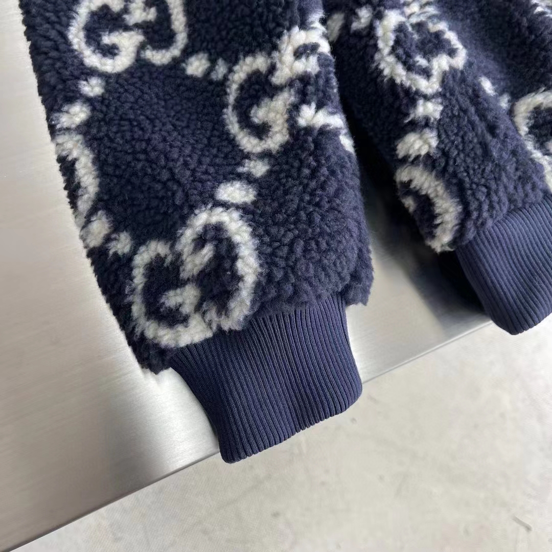 G*u*i men gg fuzzy fabric jacquard jacket fixed hood drawstring long sleeves front patch pocket