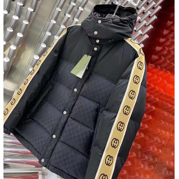 G*u*i men gg jacquard nylon quilted coat down goose feather black knit rib nylon lining