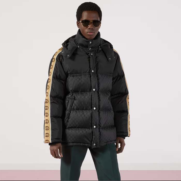 G*u*i men gg jacquard nylon quilted coat down goose feather black knit rib nylon lining