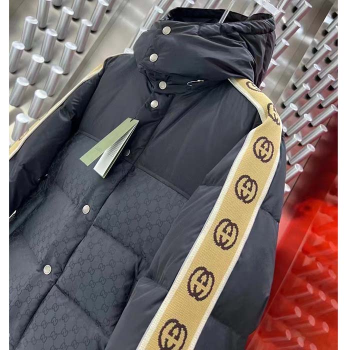 G*u*i men gg jacquard nylon quilted coat down goose feather black knit rib nylon lining