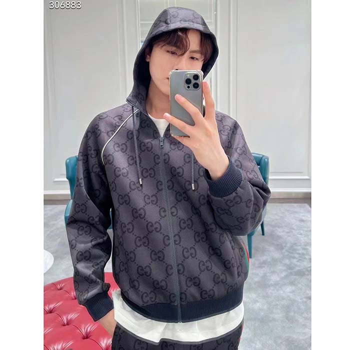 G*u*i men gg jumbo gg zip jacket web dark grey neoprene canvas raglan sleeves