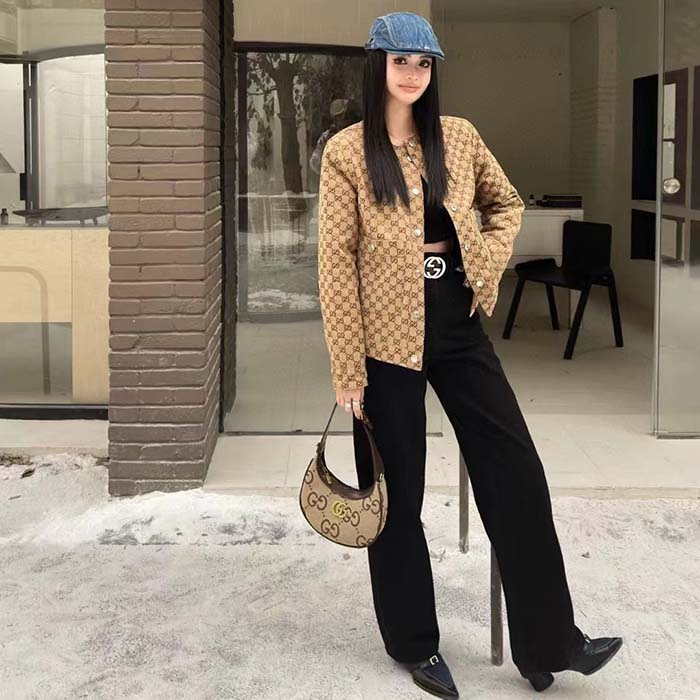 G*u*i women gg reversible denim jacket camel ebony gg canvas reversible collarless dropped shoulder
