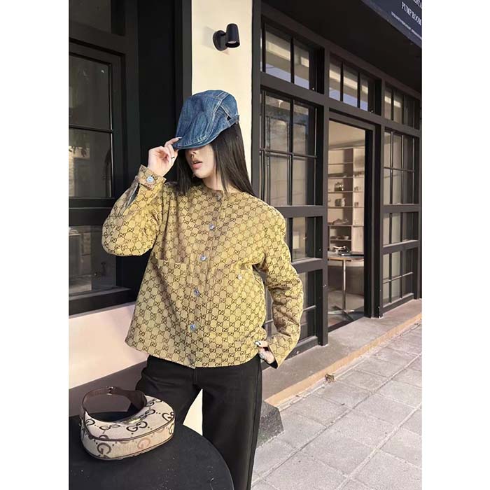 G*u*i women gg reversible denim jacket camel ebony gg canvas reversible collarless dropped shoulder