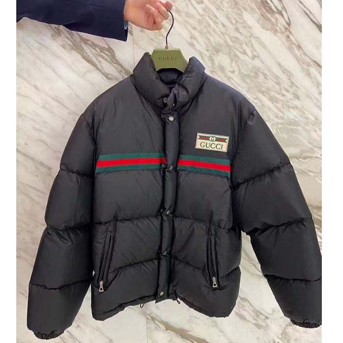 G*u*i men gg water repellant down jacket black water nylon satin zip front zip pockets