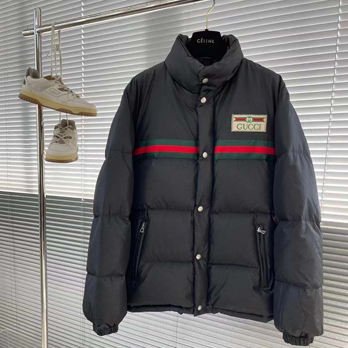 G*u*i men gg water repellant down jacket black water nylon satin zip front zip pockets