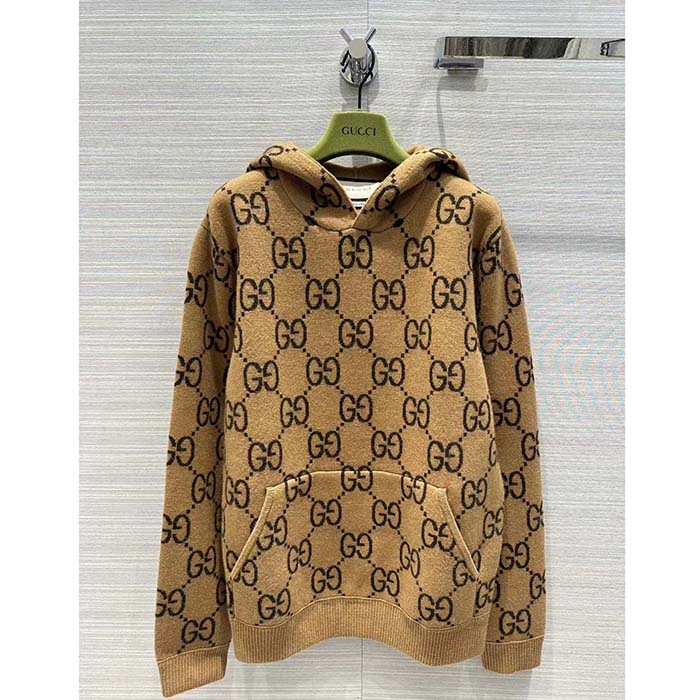 G*u*i men gg wool hooded sweatshirt camel ebony fixed hood kangaroo pocket rib