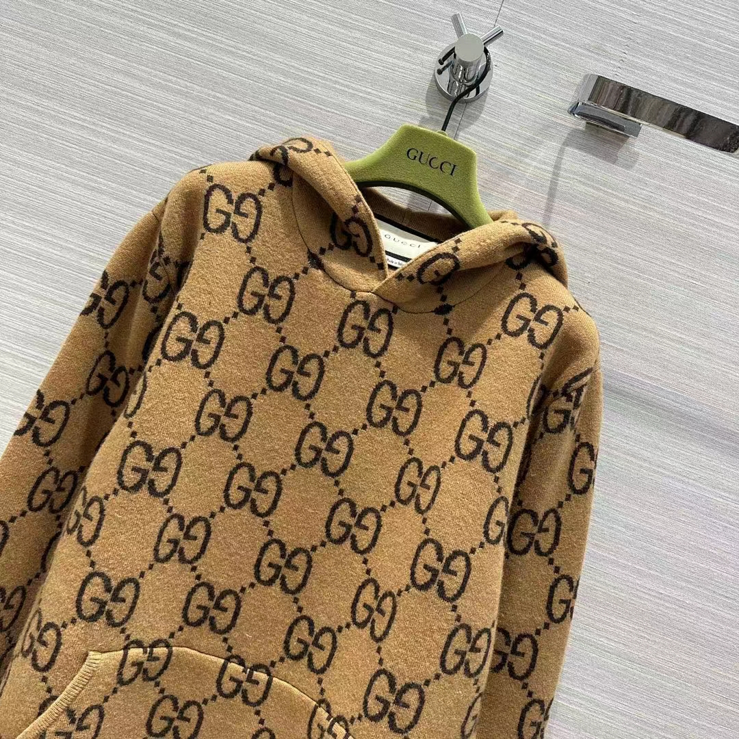 G*u*i men gg wool hooded sweatshirt camel ebony fixed hood kangaroo pocket rib
