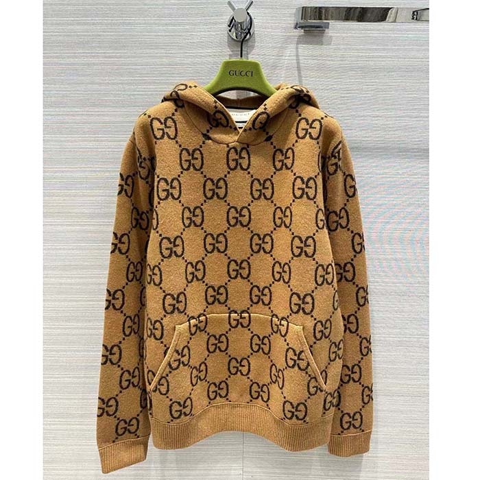 G*u*i men gg wool hooded sweatshirt camel ebony fixed hood kangaroo pocket rib
