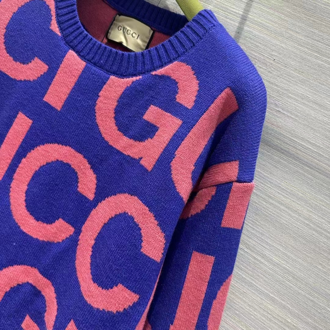 G*u*i men gg wool sweater G*u*i intarsia blue crewneck dropped shoulder