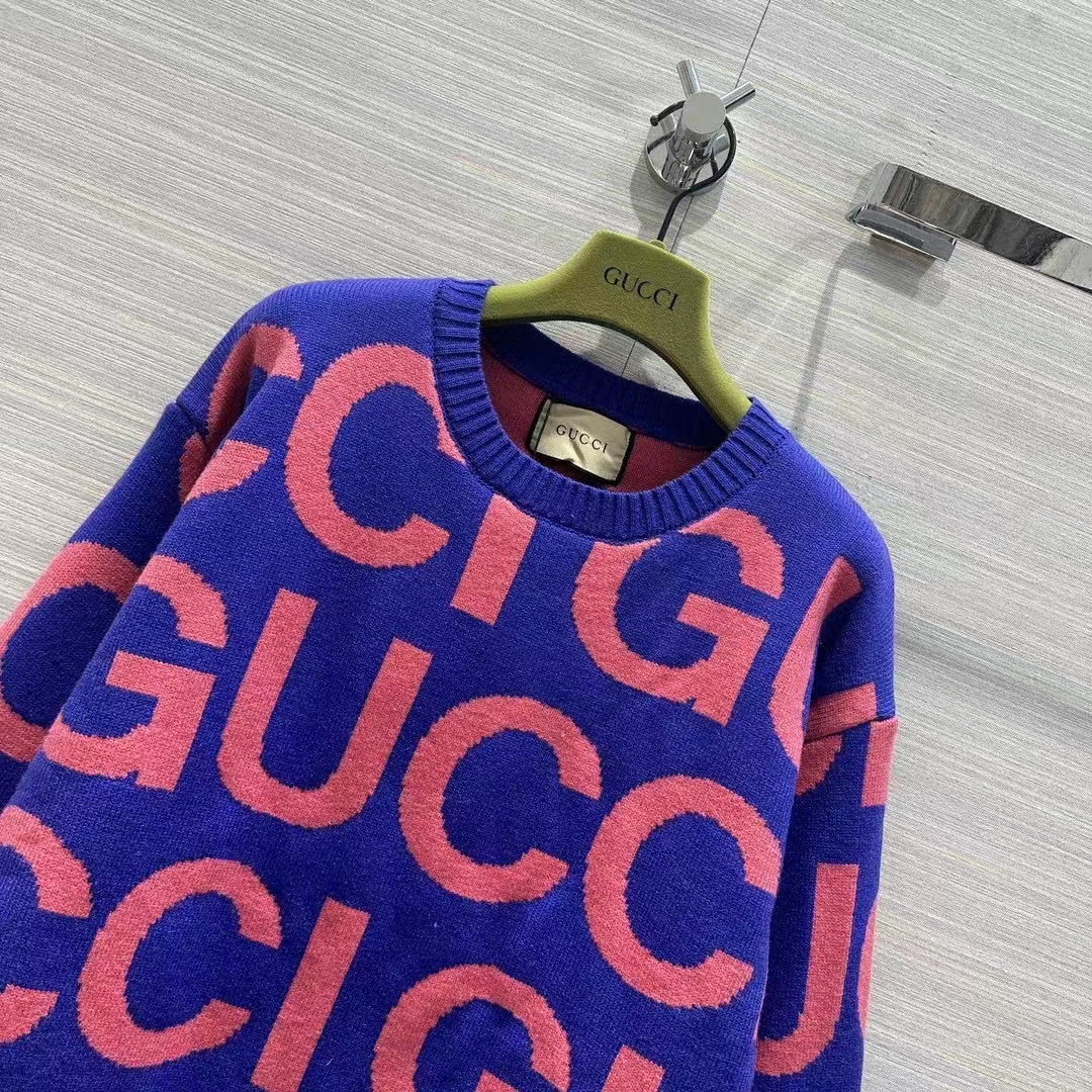 G*u*i men gg wool sweater G*u*i intarsia blue crewneck dropped shoulder