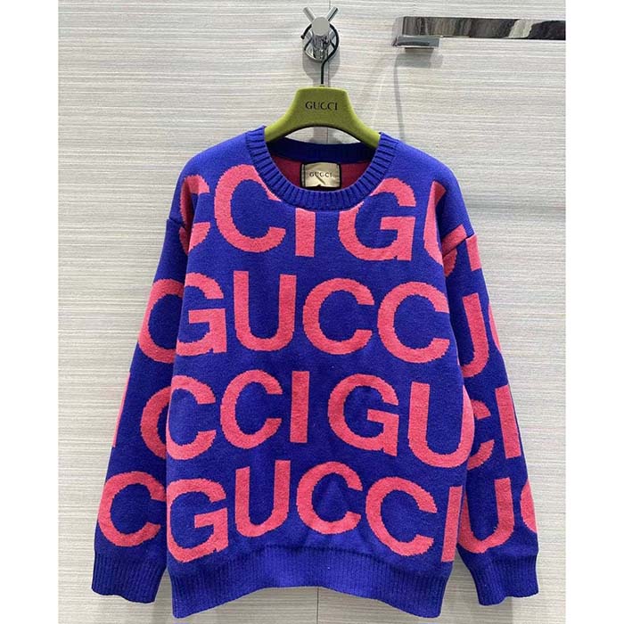 G*u*i men gg wool sweater G*u*i intarsia blue crewneck dropped shoulder