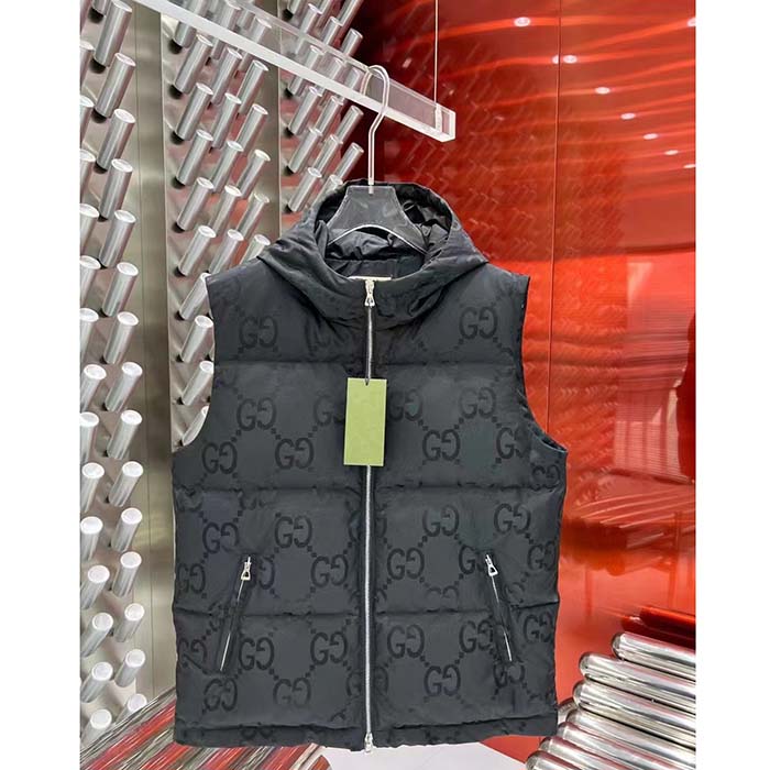 G*u*i women jumbo gg canvas vest padding front pockets zip closure hood zip pocket