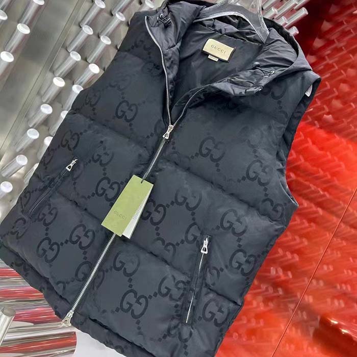 G*u*i women jumbo gg canvas vest padding front pockets zip closure hood zip pocket