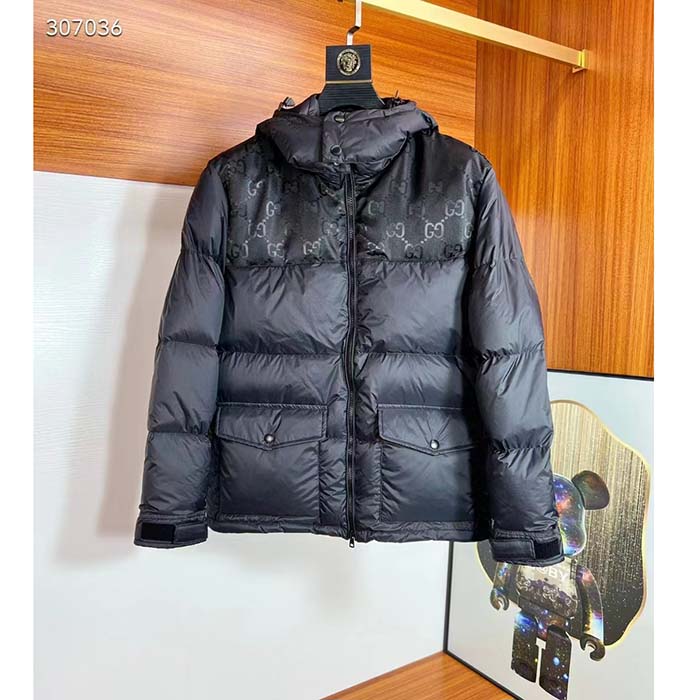 G*u*i women nylon down jacket gg inserts feather padding lined high neck velcro cuffs