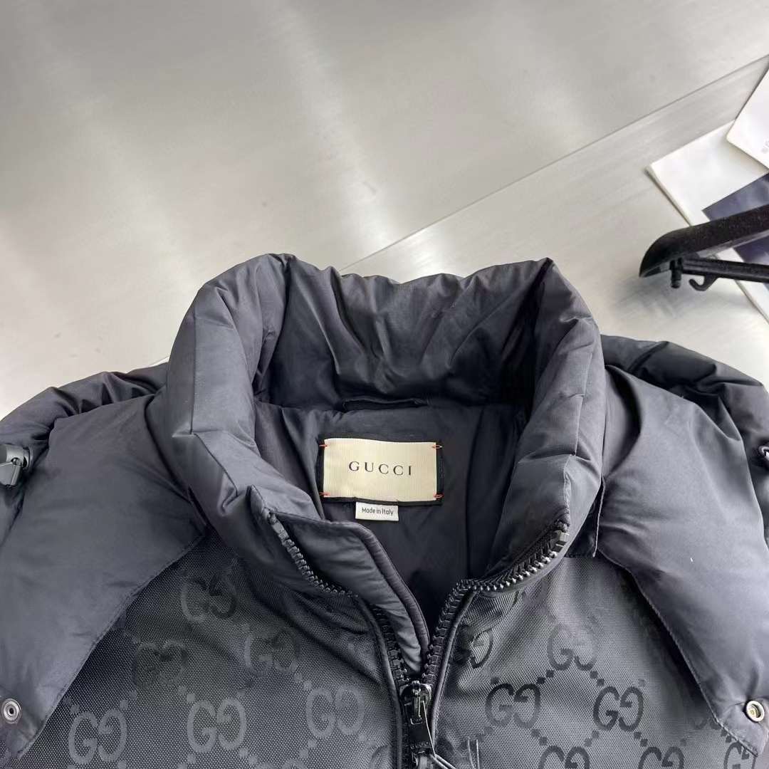 G*u*i women nylon down jacket gg iserts black canvas high neck velcro cuffs zip closure