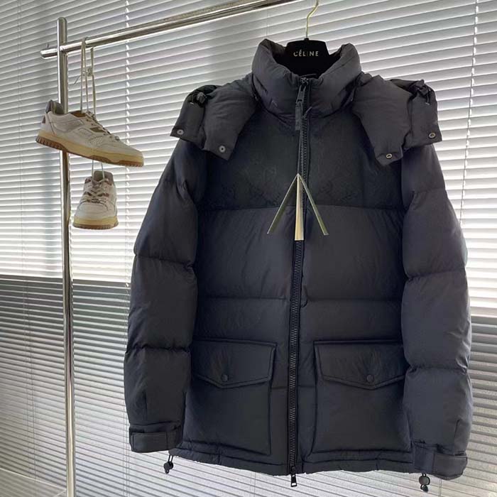 G*u*i women nylon down jacket gg iserts black canvas high neck velcro cuffs zip closure