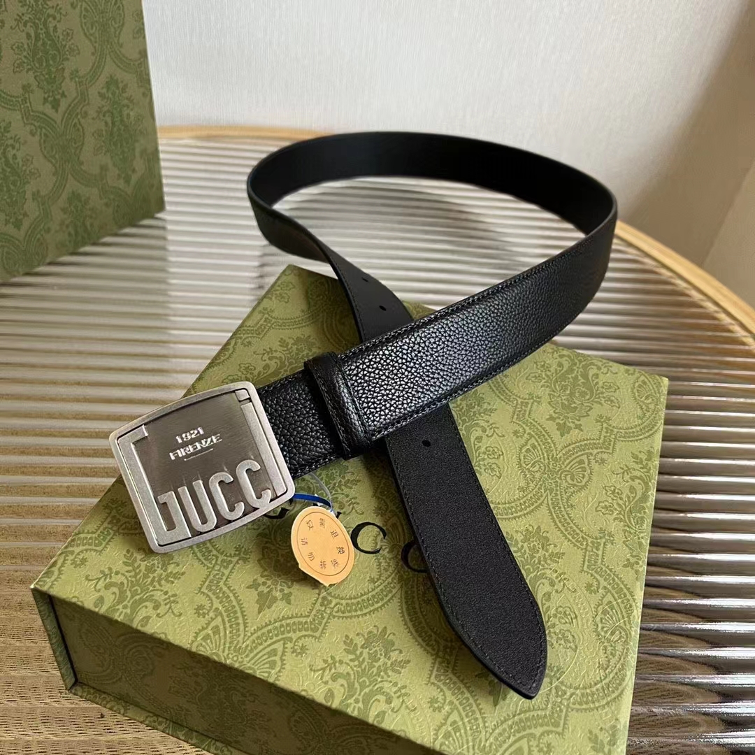G*u*i unisex gg belt G*u*i plaque buckle black leather palladium-toned hardware