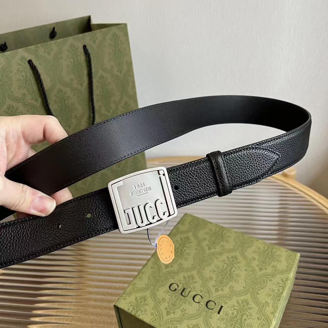 G*u*i unisex gg belt G*u*i plaque buckle black leather palladium-toned hardware