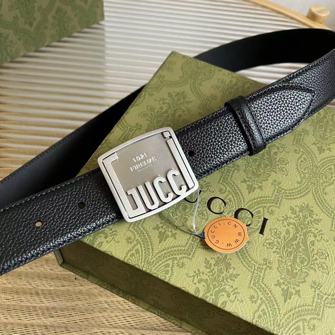 G*u*i unisex gg belt G*u*i plaque buckle black leather palladium-toned hardware