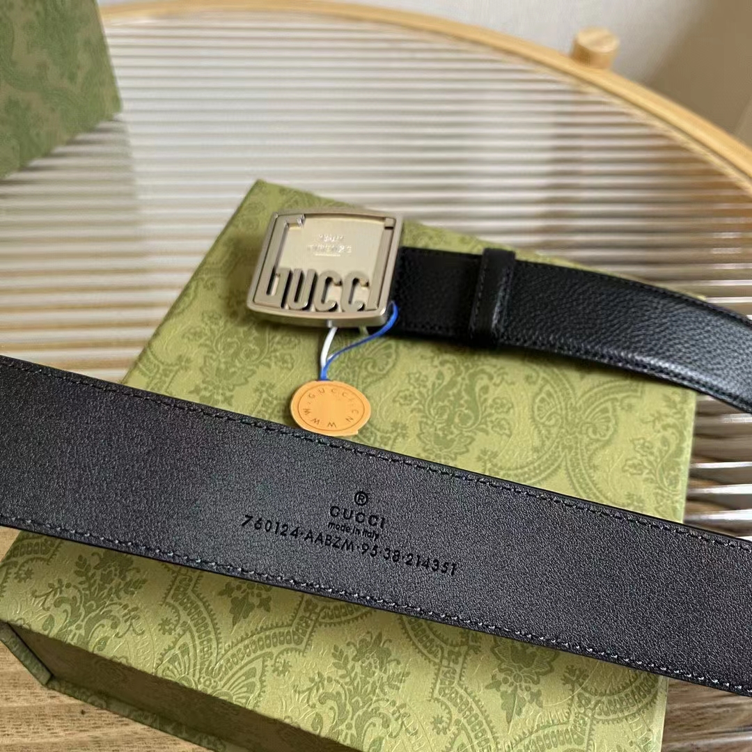 G*u*i unisex gg belt G*u*i plaque buckle black leather palladium-toned hardware