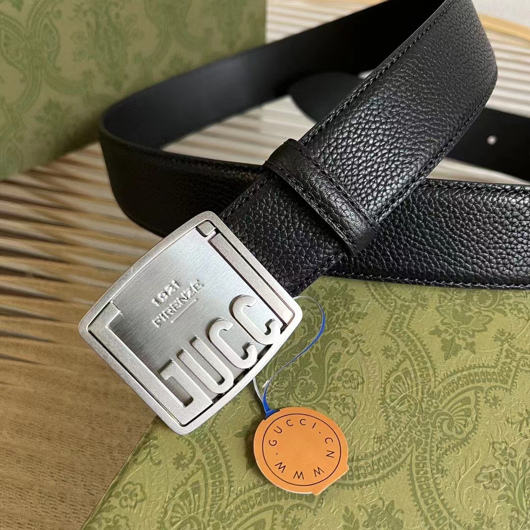 G*u*i unisex gg belt G*u*i plaque buckle black leather palladium-toned hardware
