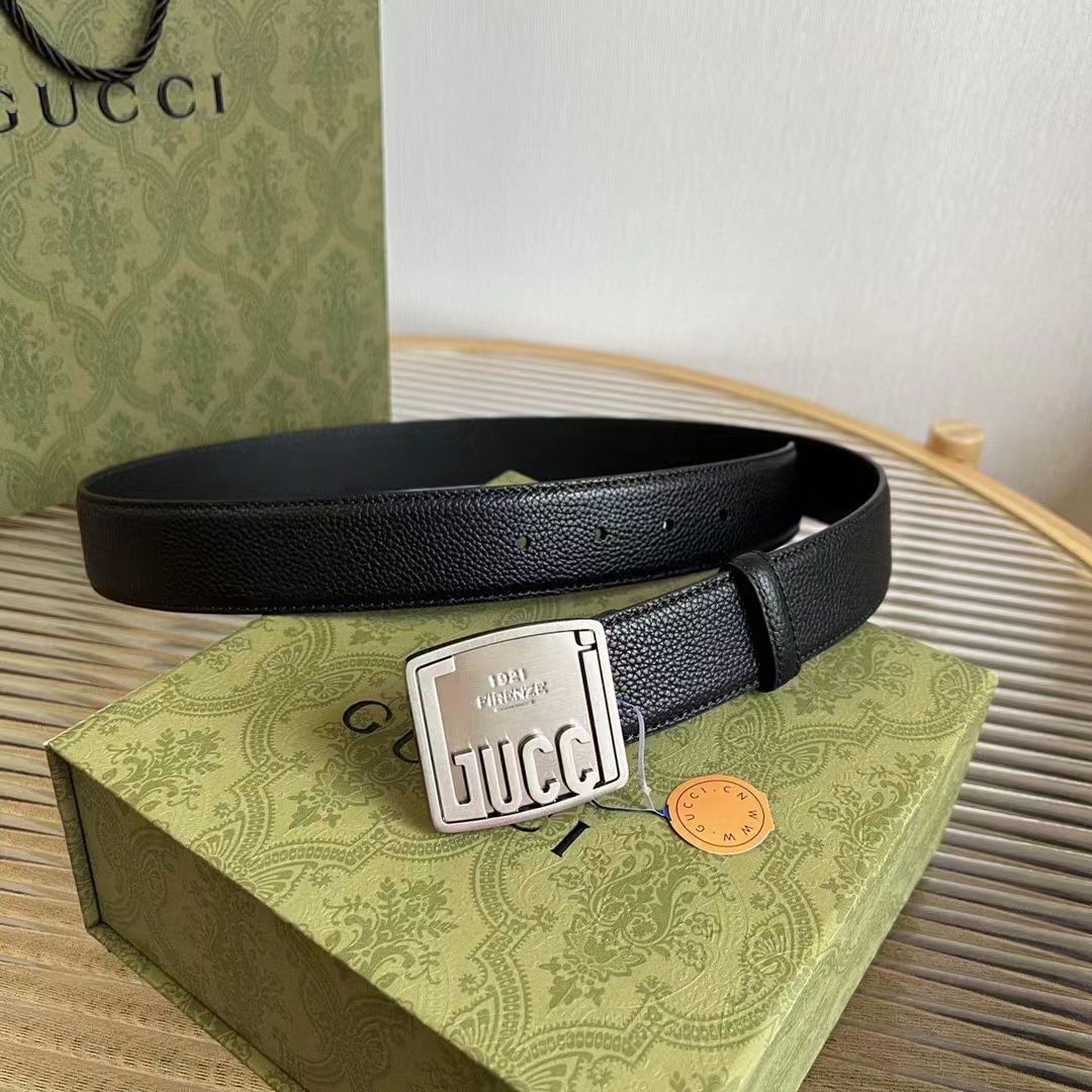 G*u*i unisex gg belt G*u*i plaque buckle black leather palladium-toned hardware