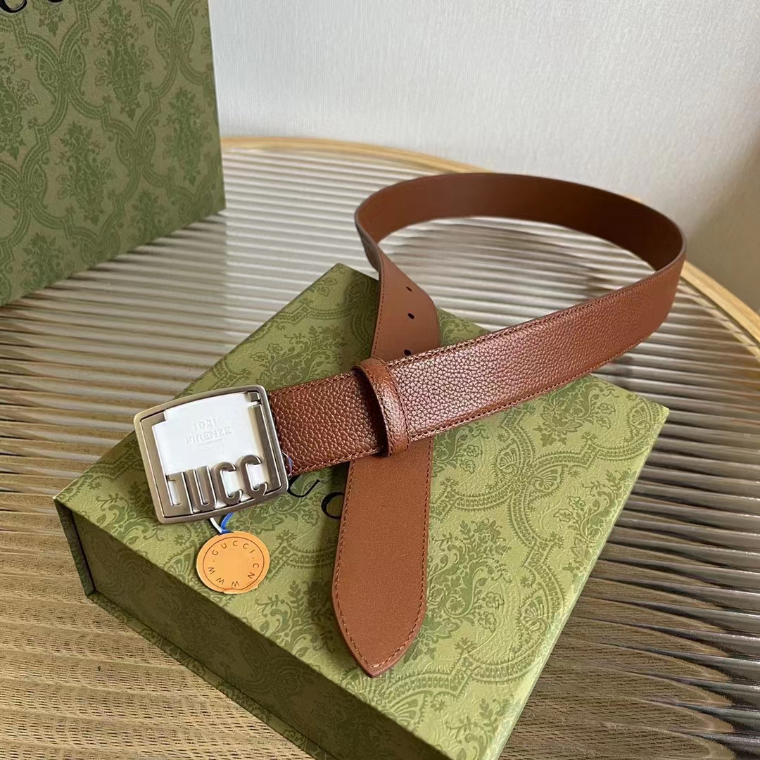 G*u*i unisex gg belt G*u*i plaque buckle brown leather palladium-toned hardware