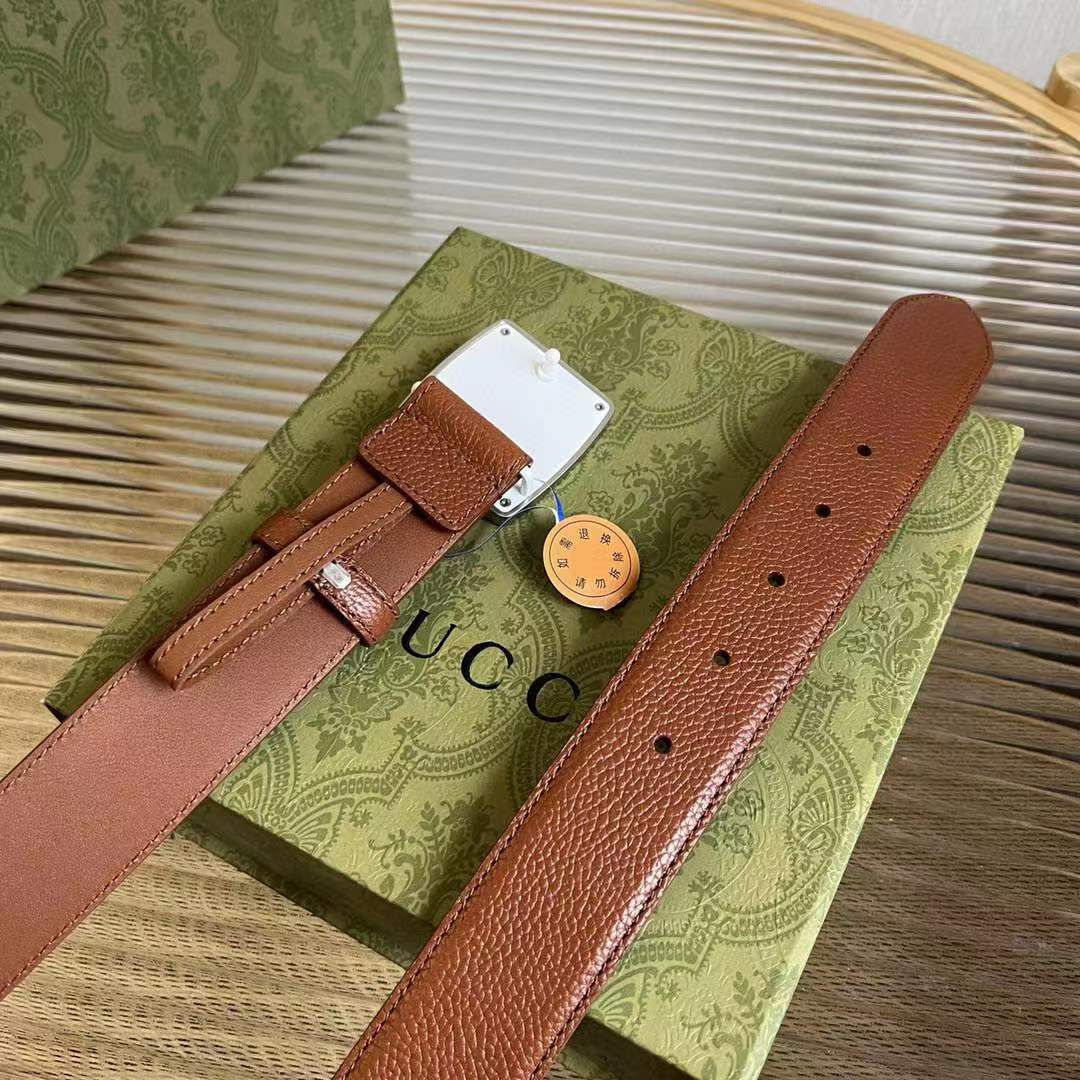 G*u*i unisex gg belt G*u*i plaque buckle brown leather palladium-toned hardware
