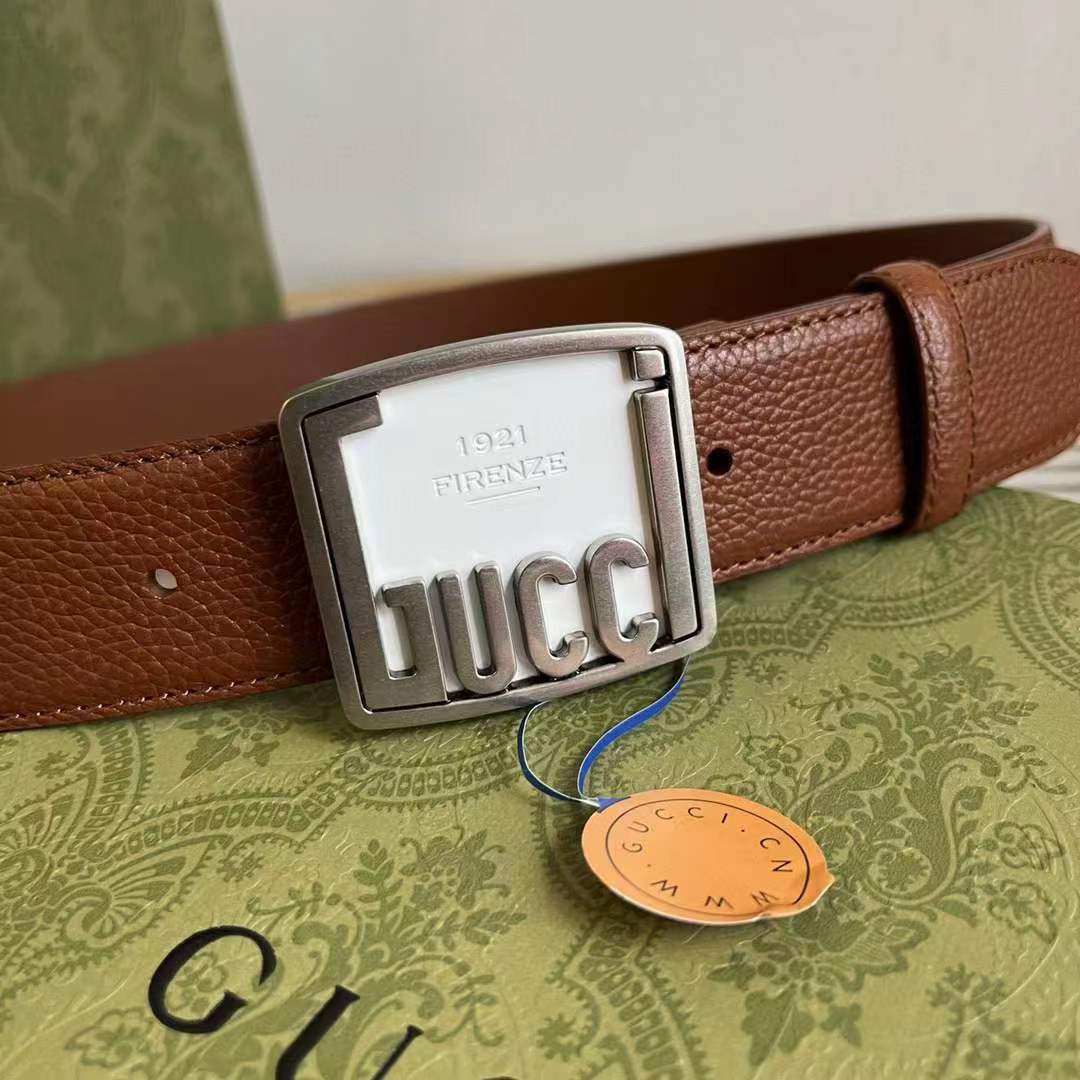 G*u*i unisex gg belt G*u*i plaque buckle brown leather palladium-toned hardware