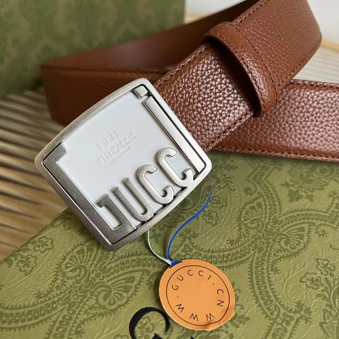 G*u*i unisex gg belt G*u*i plaque buckle brown leather palladium-toned hardware