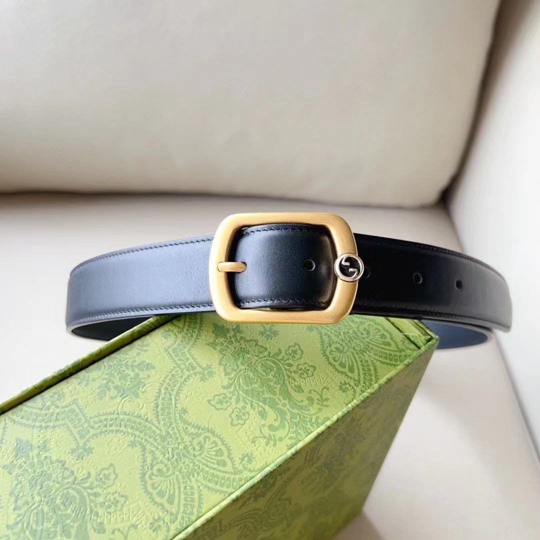 G*u*i unisex gg belt rectangular buckle black leather antique brass hardware 3 cm width