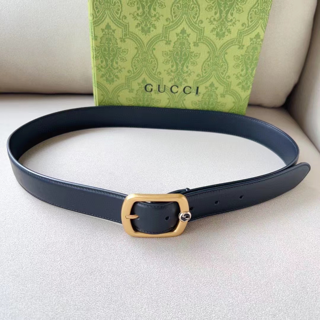G*u*i unisex gg belt rectangular buckle black leather antique brass hardware 3 cm width
