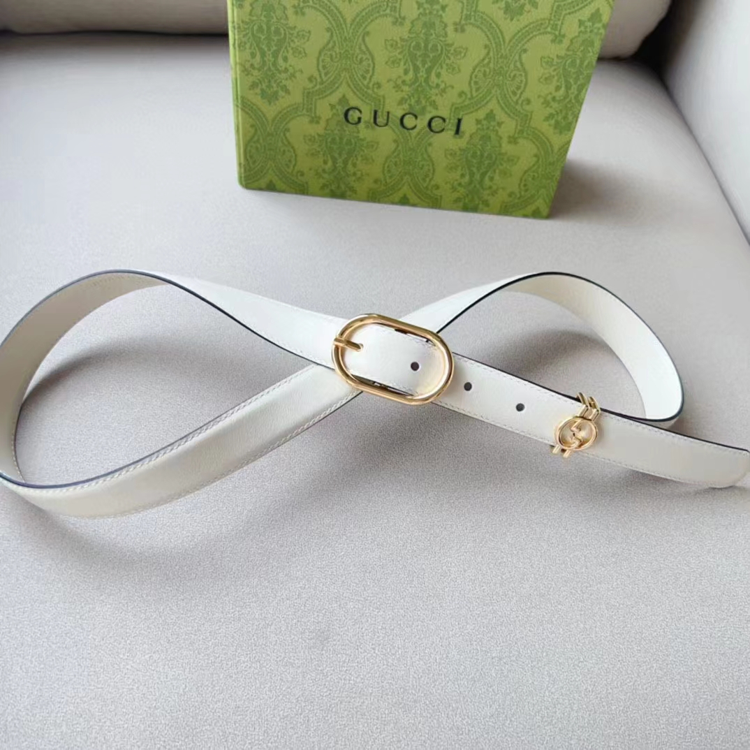 G*u*i unisex gg belt round interlocking g white leather oval buckle 2.3 cm width