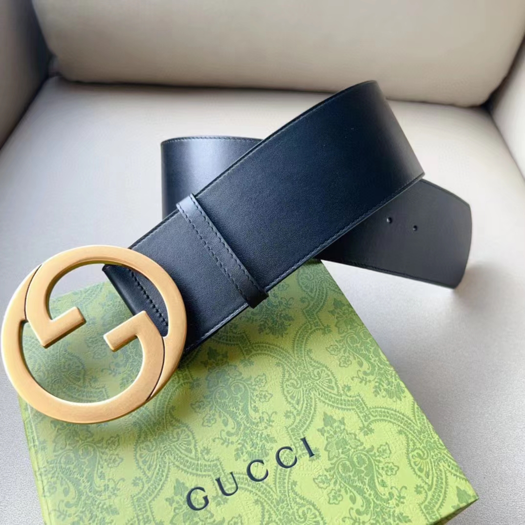 G*u*i unisex gg blondie wide belt black leather round interlocking g 5 cm width